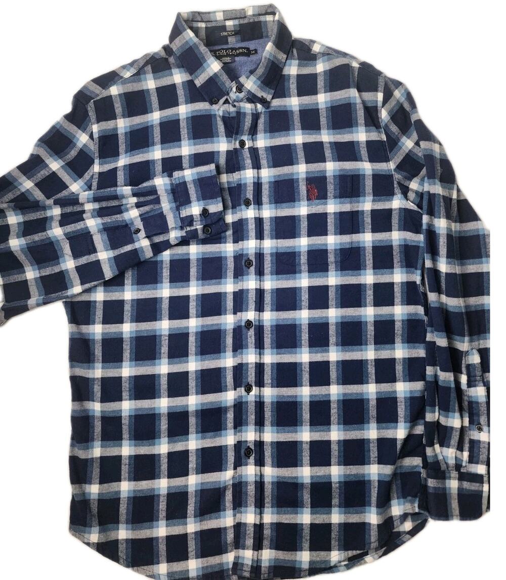 US Polo Assn Flannel Shirt Men's M Blue Plaid Stretch Button Up Long Sleeve